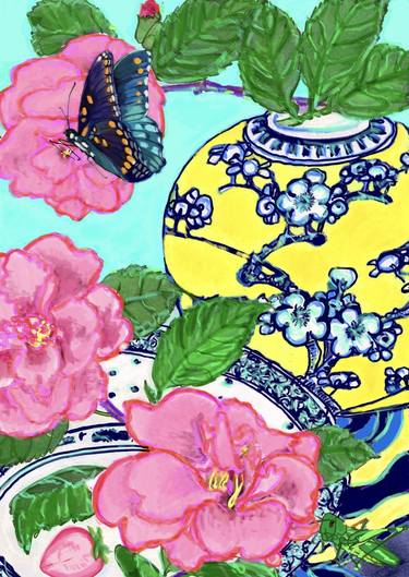 Camellias in yellow chinoiserie jar thumb