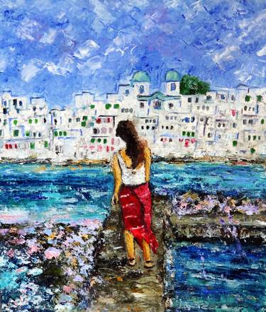 Woman at Paros Island Greece Oil Painting thumb