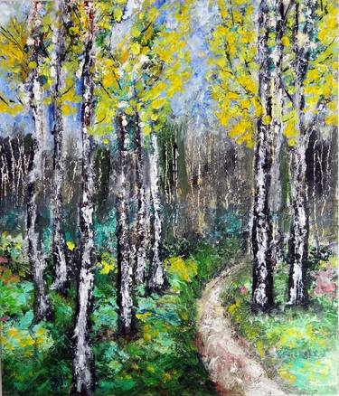 Birch Trees Textured Oil Painting thumb
