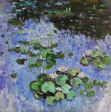 Water Lilies in a blue pond impasto oil painting thumb