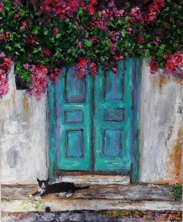 Door with Bougainvillea and a Cat Oil Painting thumb