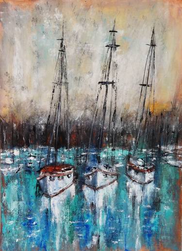 Harbor Serenity: Sailboats at Dock Acrylic Painting thumb