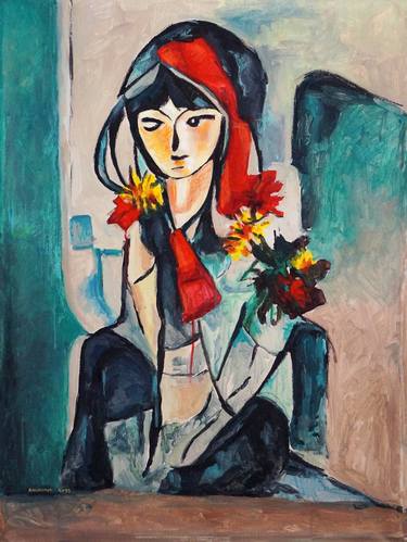 A girl with red scarf in green thumb