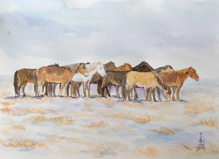 Original Animal Painting by Orgil G  Illustration Art on Paper  horses