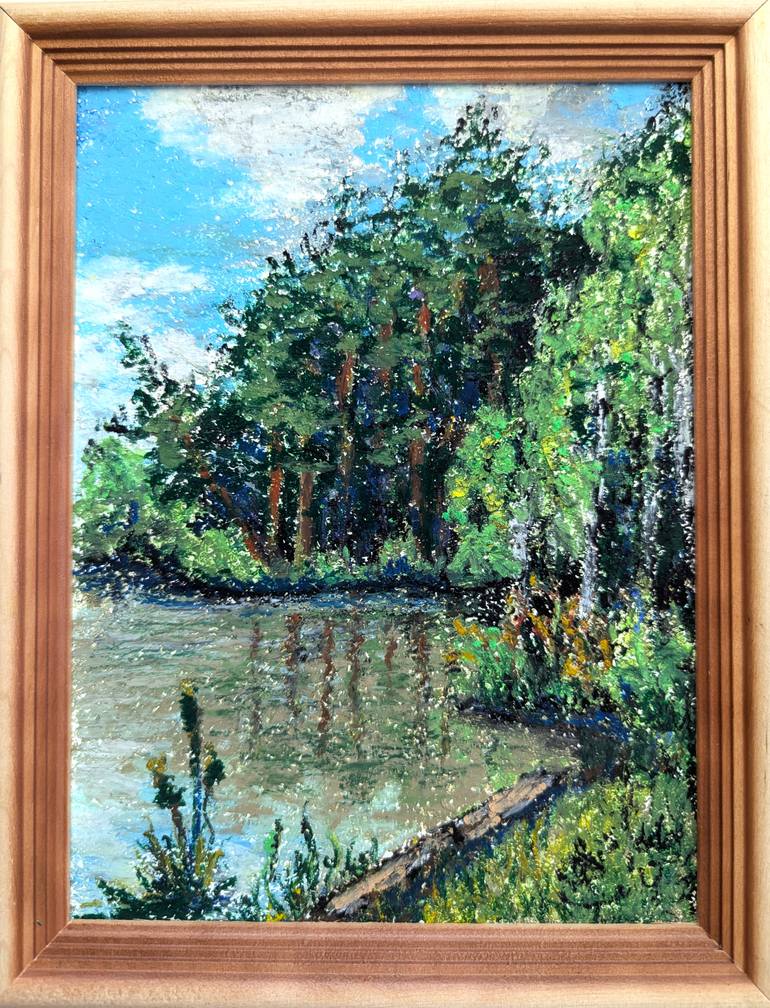 Original Landscape Painting by Katy I | Impressionism Art on Pressed Cardboard | The Forest Lake