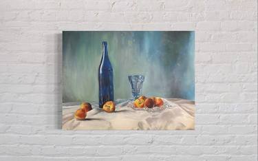 Still life with a blue bottle and peaches thumb