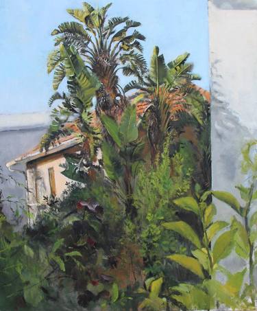 original painting, oil on canvas, trees bird of paradise  wild banana , rural thumb