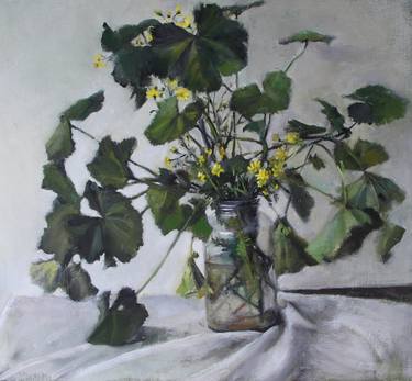 original painting, still life with green leaves and yellow flowers oil on birch wood thumb