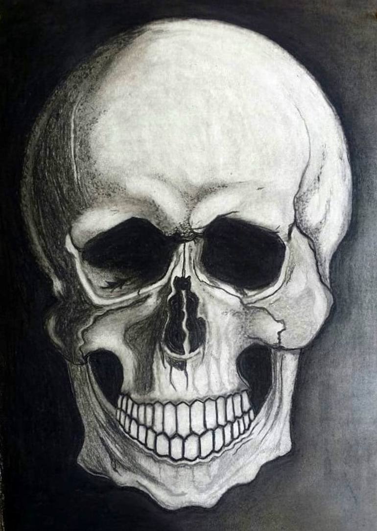 Time Skull Charcoal Drawing, Human Skull Drawing for Sale