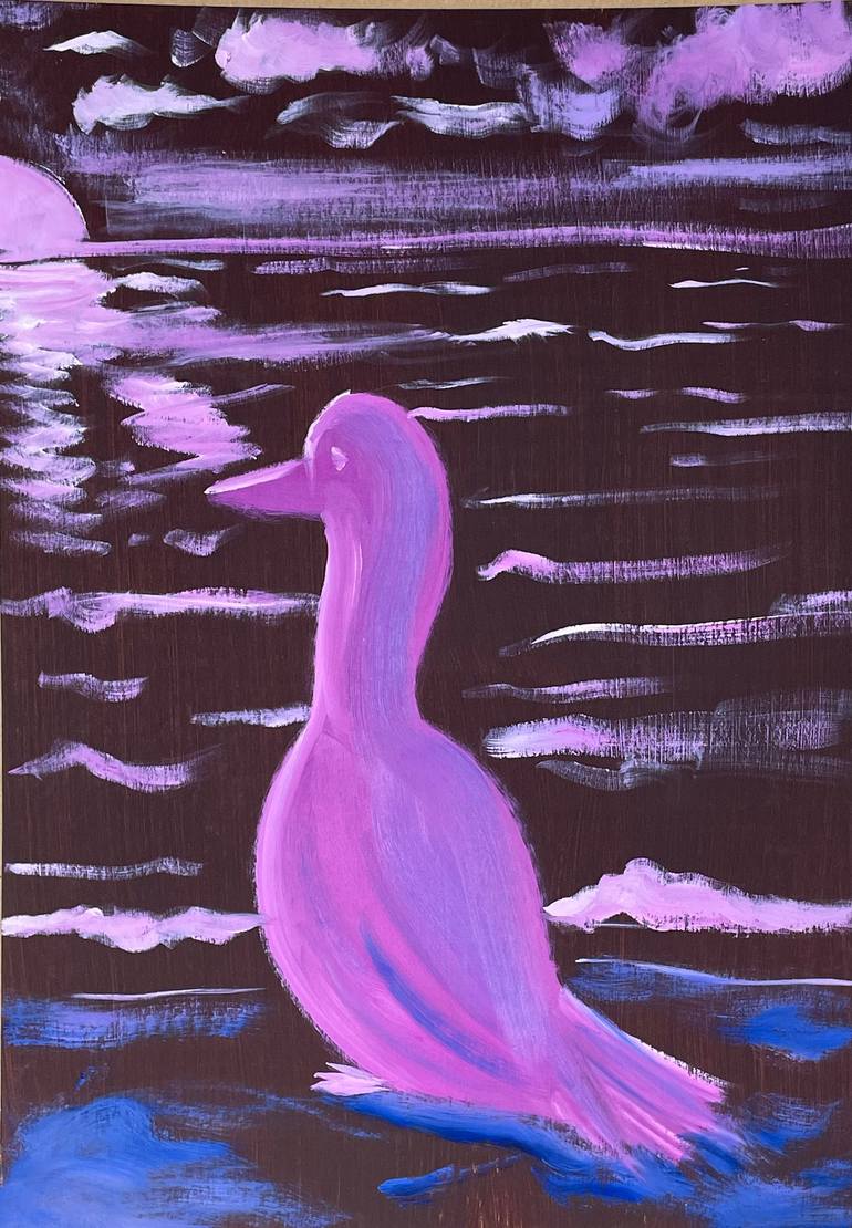 Original Animal Painting by Daniel Arce | Fauvism Art on Corrugated Cardboard | Duck watching the sunset