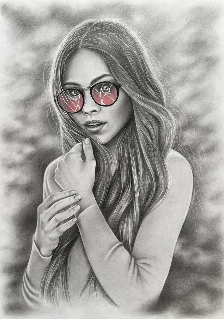 Art - Pencil drawing - Illustration - portrait - model -Flowers