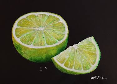 Chartreuse Lime, modern still life, bright painting on a black background, oil on canvas thumb