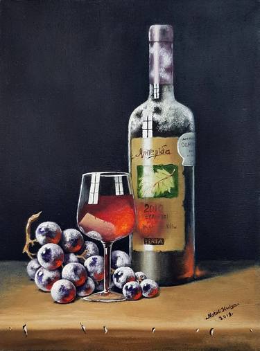 Red wine and grapes, a modern still life, the stylish picture for a gift in the kitchen-living room, Black oil painting for the bar, a good gift for lovers of still life. thumb