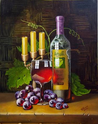 Red wine and a bunch of grapes. Bronze candlestick with candles, and vine with leaves. Everything you need for a romantic evening. Oil painting in the interior of the kitchen-living room. thumb