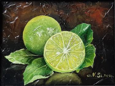 "Lime" Modern small still life with fruits, oil painting of impasto. Realism. thumb