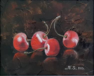 "Cherry" Modern small still life with fruits, oil painting of impasto. Realism. thumb