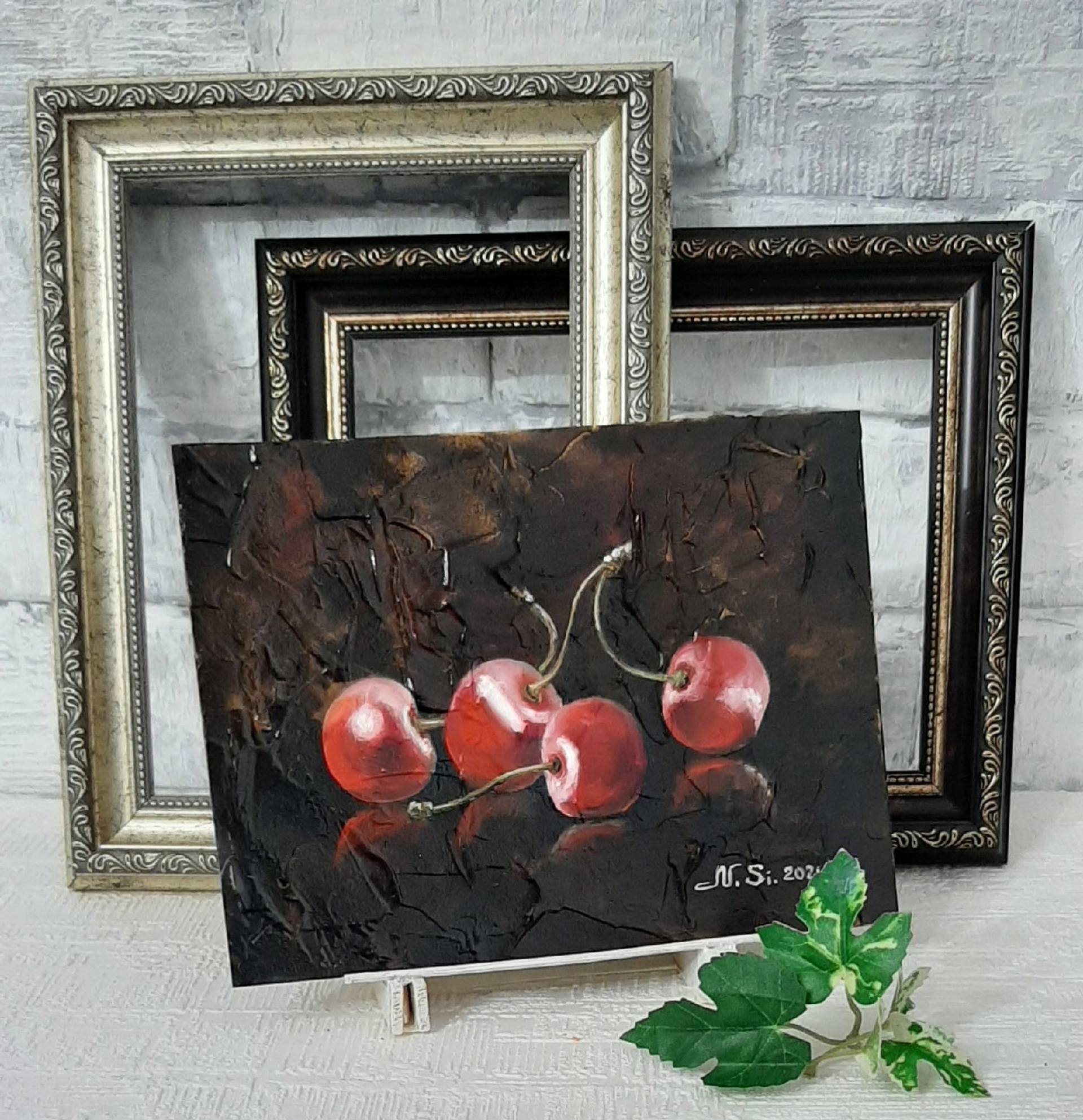 Cherry Painting Fruit Original Art Artwork Food Still Life Oil Painting Impasto Small Art 4'' by 6'' by LanaZalts