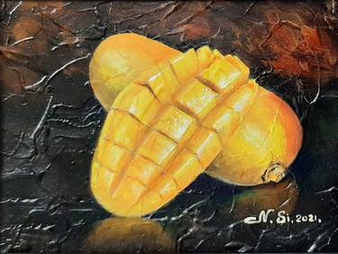 "Ripe mango" Modern small still life with fruits, oil painting of impasto. Realism. thumb