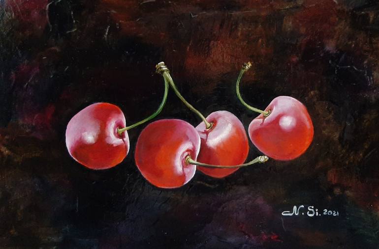 Four ripe cherries Modern small still life with fruits, oil painting of ...