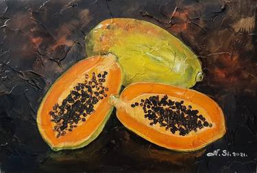 "Ripe Papaya" Modern small still life with fruits, oil painting of impasto. Realism. For the interior of the kitchen-living room. thumb