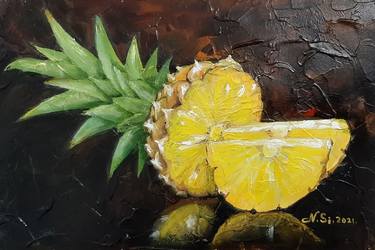 "Yellow Pineapple with slices" Modern small still life with fruits, oil painting of impasto. Realism. For the interior of the kitchen-living room. thumb
