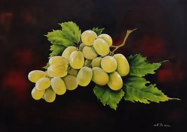 "A bunch of juicy white grapes on a leaf" Modern still life with fruits, oil painting. Realism. For the interior of the kitchen-living room. thumb