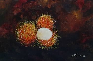 "Shaggy Rambutan" Modern still life with fruits, oil painting. Realism. For the interior of the kitchen-living room. thumb