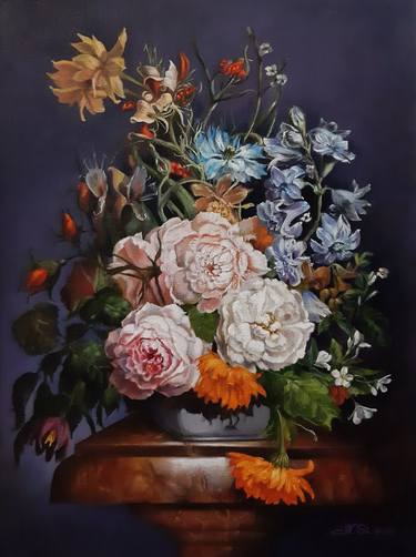"Dutch still life with flowers" Inspired by the works of Ruish Modern oil painting on canvas on a wooden stretcher. thumb