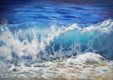 Seascape "Arctic wave of the ocean" beach landscape in blue tones, sandy beach, oil painting, realism. thumb