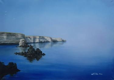 Seascape "Calm and white rocks". Painting for meditation, realism. thumb