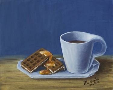 coffee with waffles, food and drinks, modern painting in the dining room thumb
