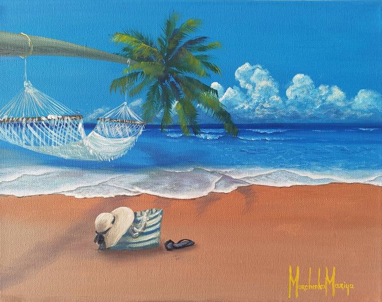 Canvas Prints Wall Art - Tropical Palm Trees and Hammock Near The Sea - 24  x 36