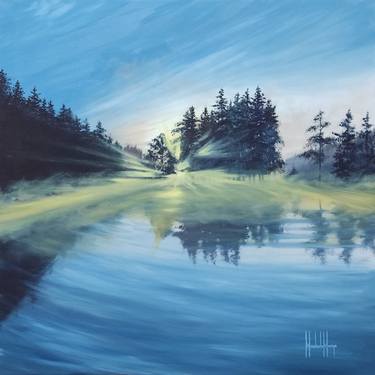 foggy morning by the lake, painting as a gift, print in the living room thumb