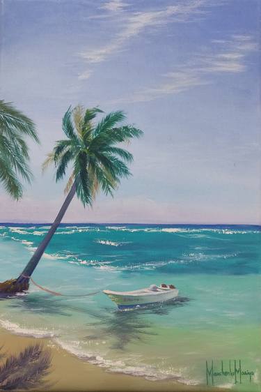 Boat under a palm tree, surf,painting as a gift, island thumb