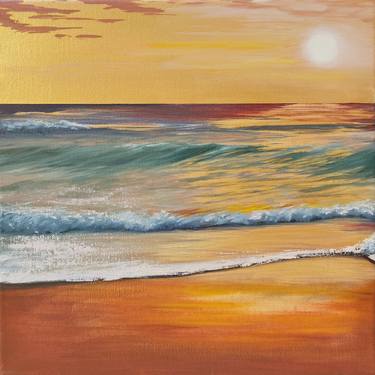 Sunset on the sea, seascape, painting in gold, potal, triptych thumb