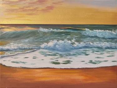 Sunset on the sea, seascape, painting in gold, potal, triptych Painting thumb