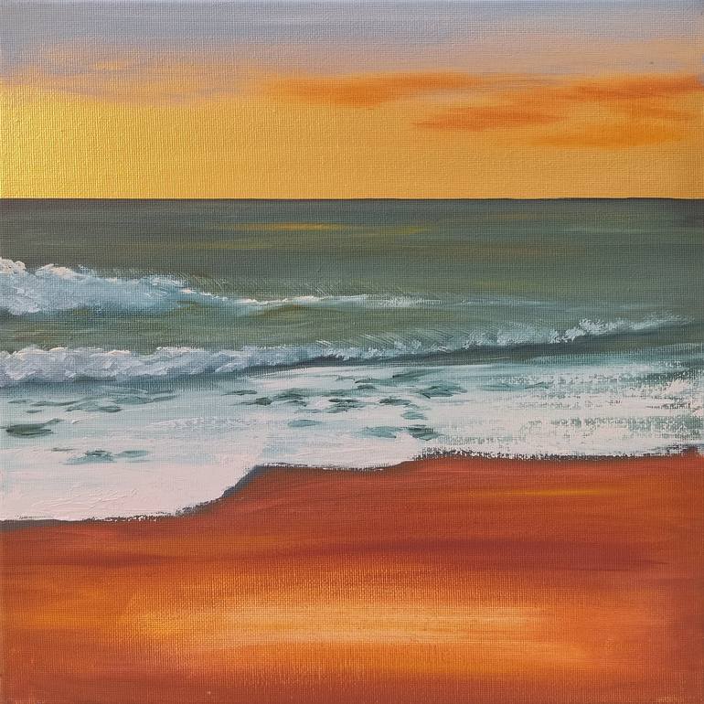 Sunset on the sea, seascape, painting in gold, potal, triptych Painting ...