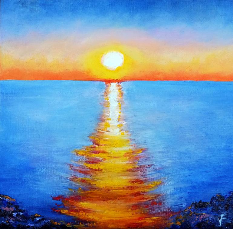 Simple Painting with Sun and Water Stock Photo - Image of ocean