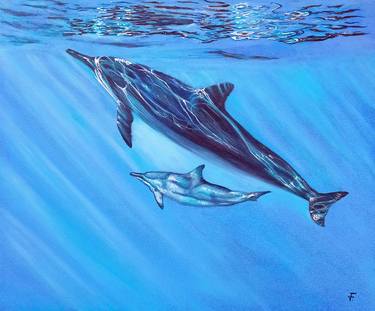 Blue Dolphins Underwater Animals Original Oil Painting. thumb