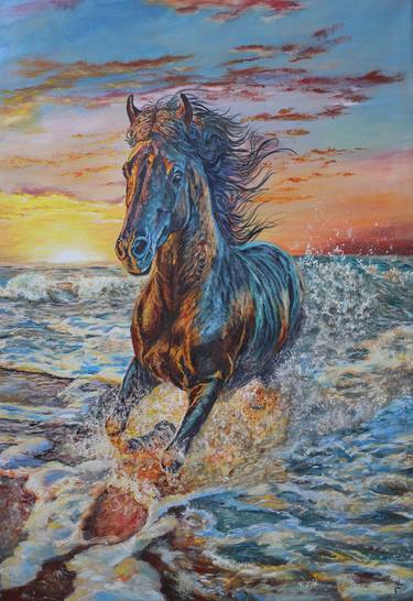 Running Horse On Sunset Animal Original Painting. thumb