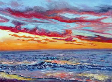 Red Sunset Seascape Painting Oil On Canvas Artwork thumb