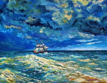 Ship On Stormy Sea Painting Original Artwork Canvas on Hardboard thumb