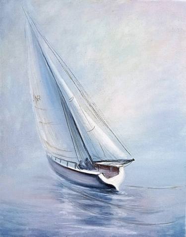 The White Yacht On Fog, Sailboat Painting thumb