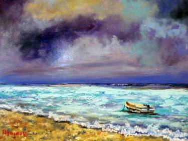Stormy Sea Painting Boat Original Painting. thumb