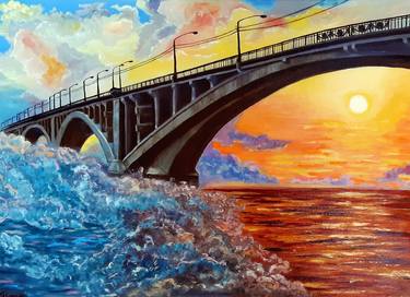 Sunset Water Painting Original Artwork on Canvas Landscape Painting Seascape thumb