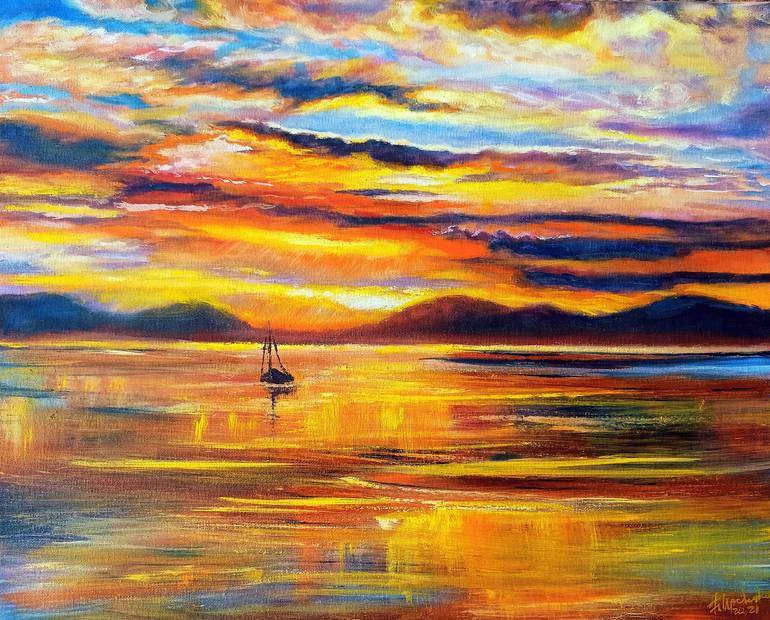 Be The Light - Original Realistic Sunset over the Ocean Painting oil on  round 20 canvas