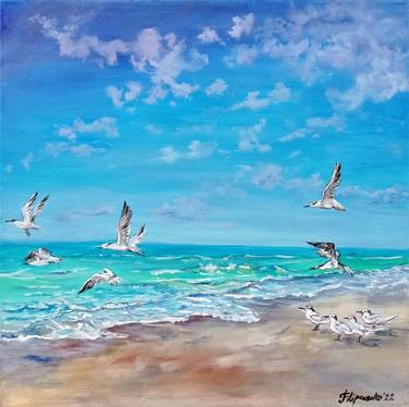 Beach Sea Painting Seagulls Painting Seascape Sardinia Original Oil On Stretched Canvas Artwork Fine Art Wall Art By Filipchenko Viktoria thumb