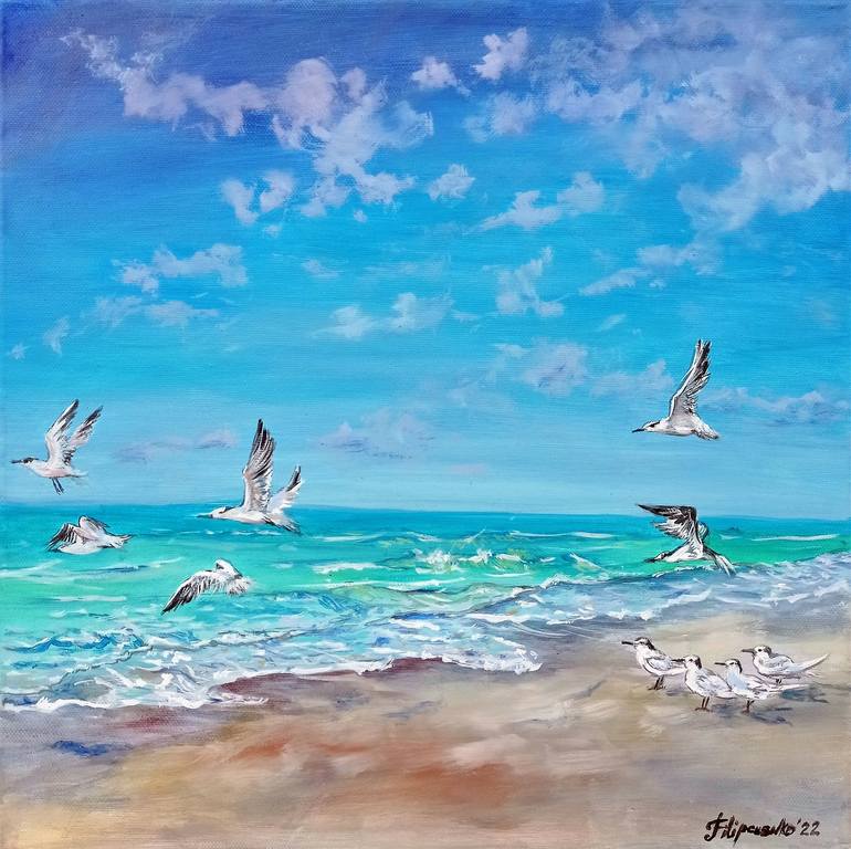 Beach Sea Painting Seagulls Seascape Sardinia Original Oil On Stretched Canvas Artwork Fine Art Wall By Filipchenko Viktoria Viktoriya Saatchi - Seagull Wall Art Paintings
