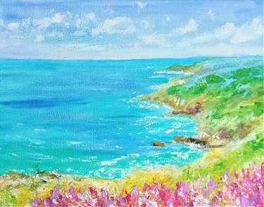 Summer Floral Meadow Sardinia Seascape Original Painting. thumb