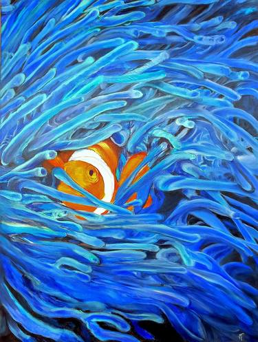 Clownfish Painting Underwater Life Original Art Seascape Oil On Canvas thumb